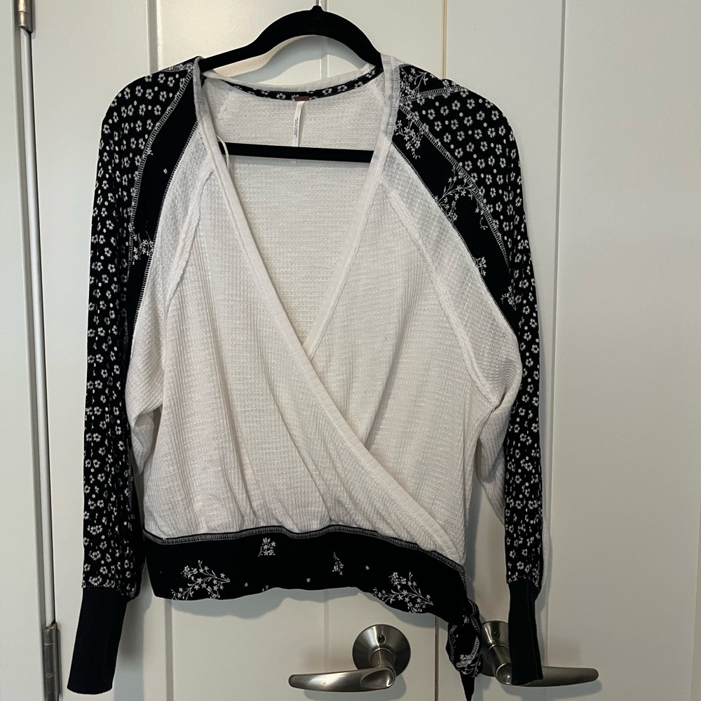 Free People Black and White Wrap Blouse